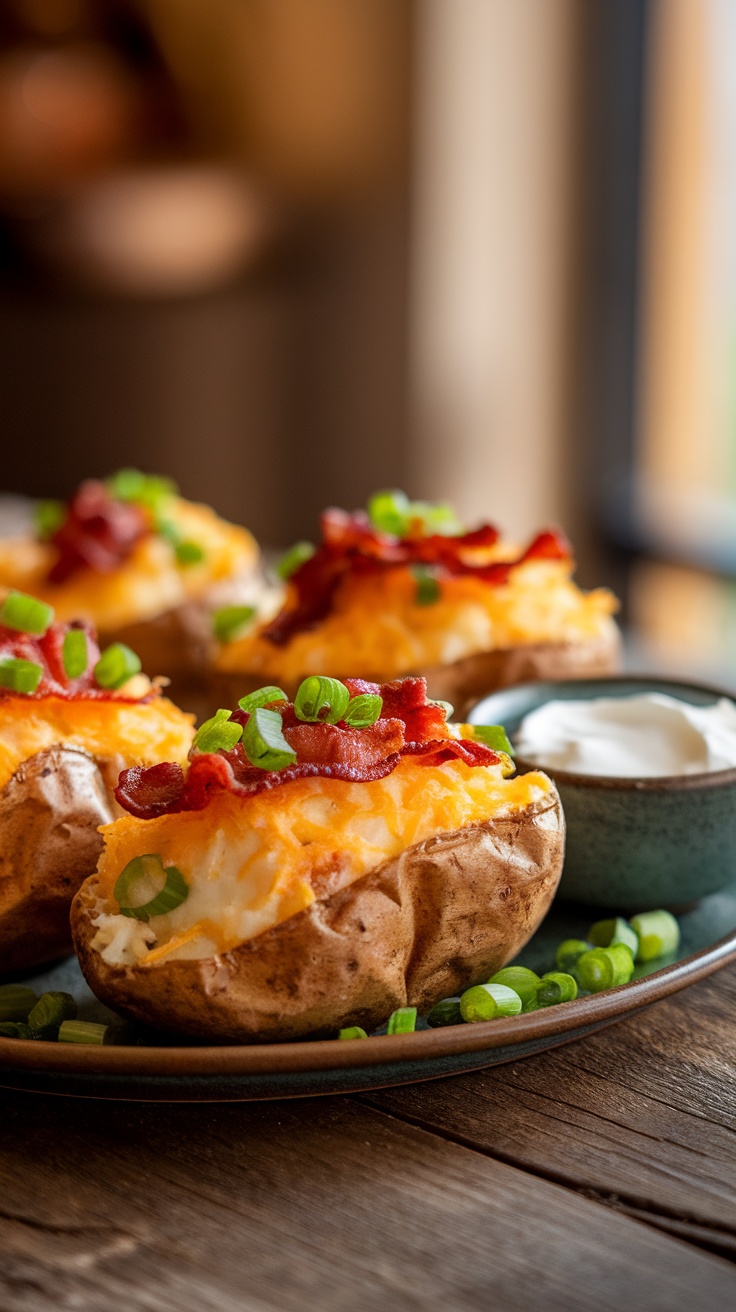 Cheesy twice baked potatoes topped with bacon and green onions on a rustic wooden table.